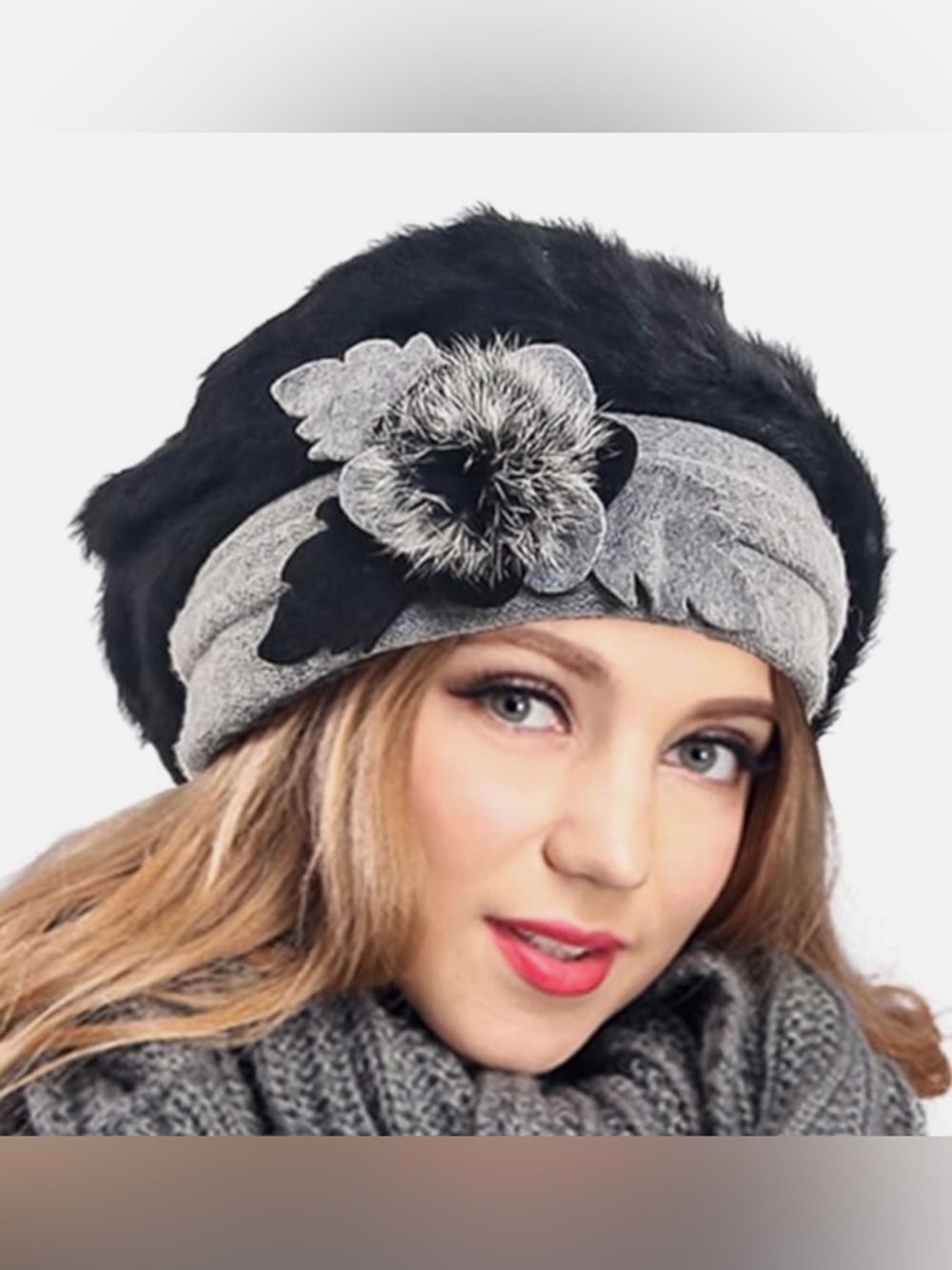 Forbusite Fur/Wool Beret, Black/Gray, Angora/Wool/Acrylic Blend, Approx 6”